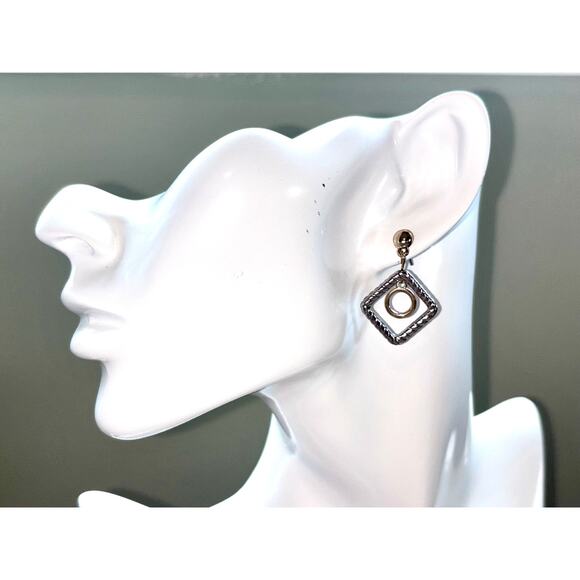 Textured Silver and Gold Tone   Square Circle Dangle Drop Earrings - Picture 3 of 5